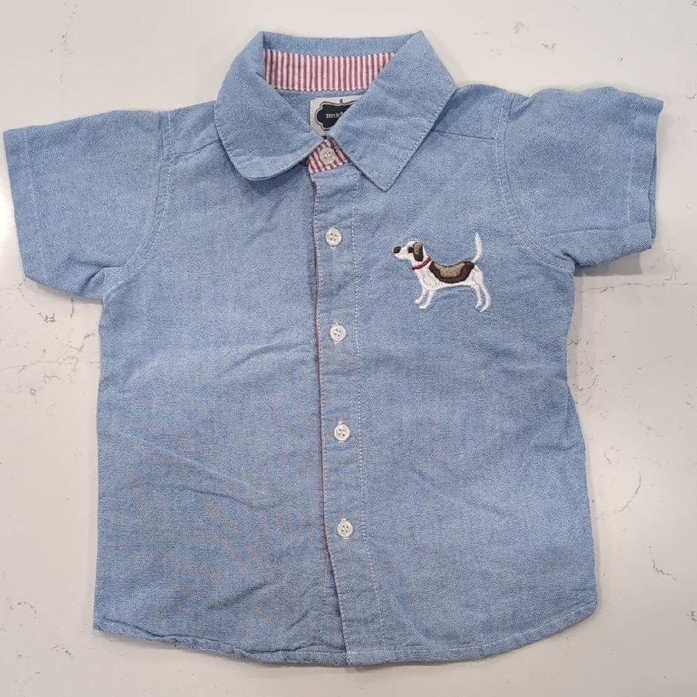 Mud Pie Blue Button Down Shirt with Dog Embroidery